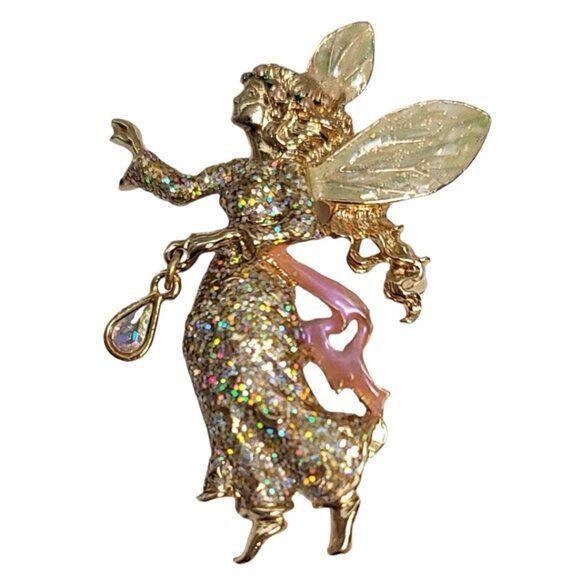 KIRKS FOLLY Gold Tone Enamel Fairy Angel Brooch with Dangle Charm - Picture 7 of 9